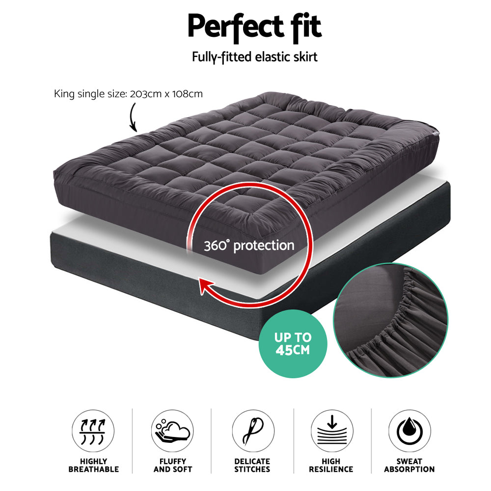 King Single Pillowtop Mattress Topper 1000GSM Charcoal Microfibre Bamboo Filling Homecoze