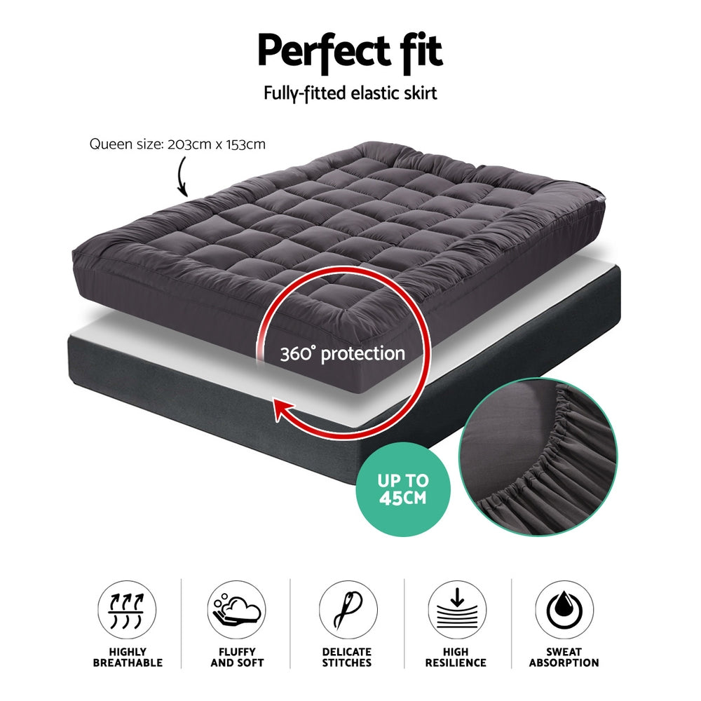 Queen Pillowtop Mattress Topper 1000GSM Charcoal Microfibre Bamboo Filling Homecoze