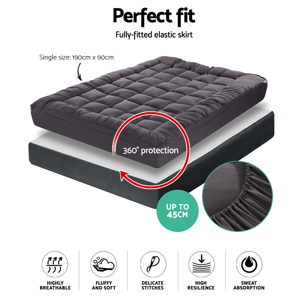 Single Pillowtop Mattress Topper 1000GSM Charcoal Microfibre Bamboo Filling Homecoze