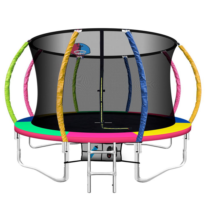 12FT Round Trampoline with Basketball Hoop and Safety Enclosure Net - Muilticoloured Homecoze