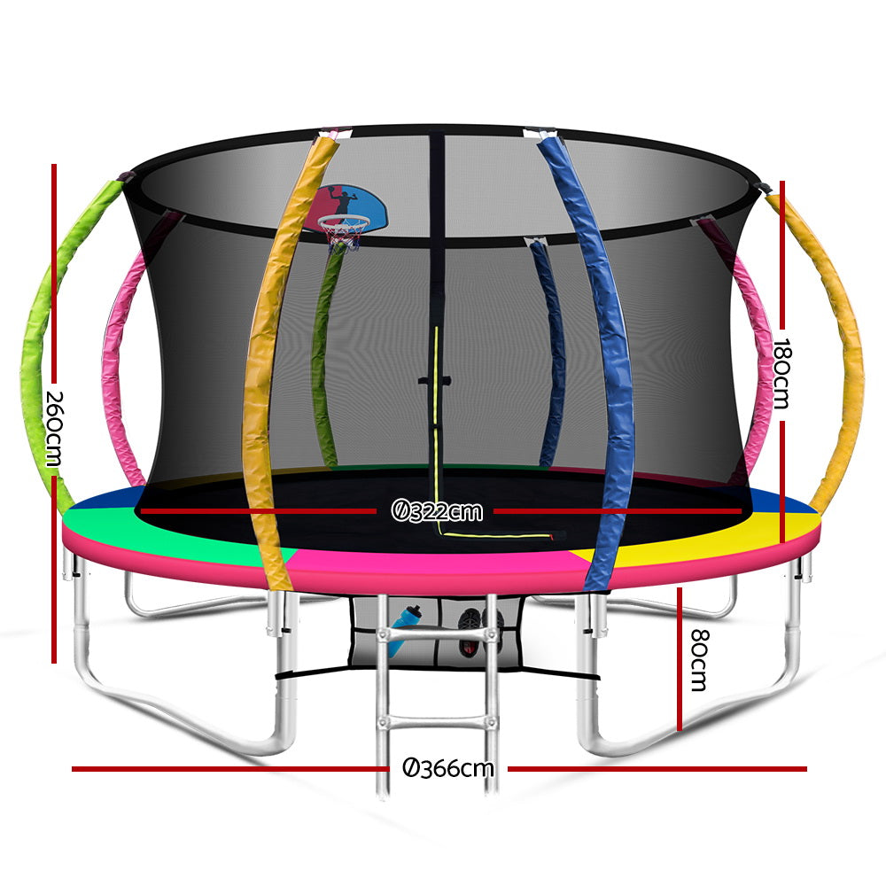 12FT Round Trampoline with Basketball Hoop and Safety Enclosure Net - Muilticoloured Homecoze