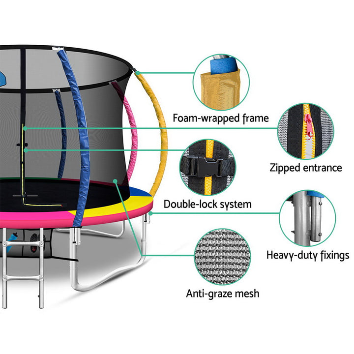 12FT Round Trampoline with Basketball Hoop and Safety Enclosure Net - Muilticoloured Homecoze