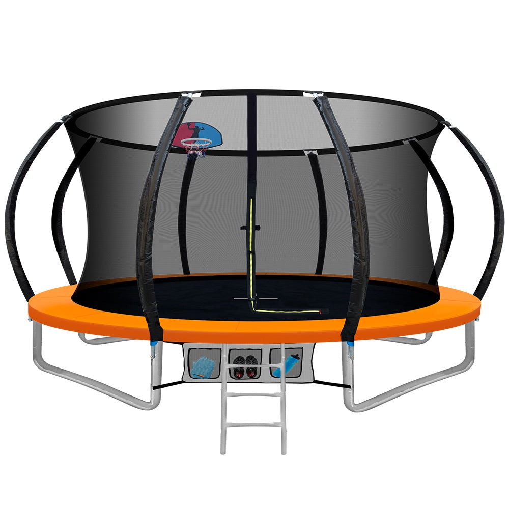 12FT Round Trampoline with Basketball Hoop and Safety Enclosure Net - Orange Homecoze