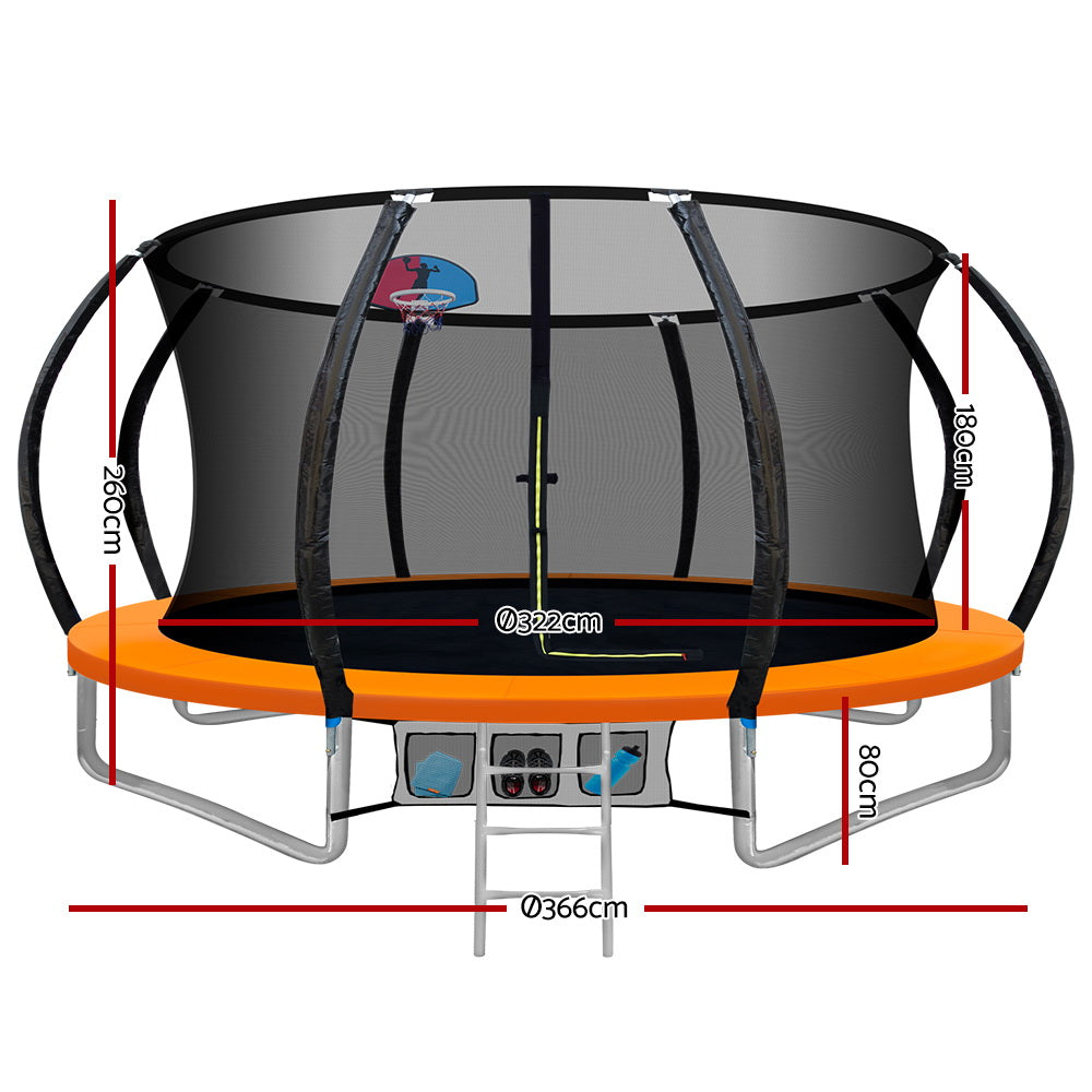 12FT Round Trampoline with Basketball Hoop and Safety Enclosure Net - Orange Homecoze