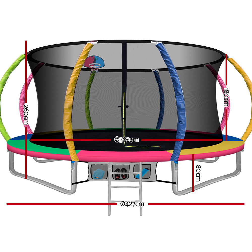 14FT Round Trampoline with Basketball Hoop and Safety Enclosure Net - Muilticoloured Homecoze