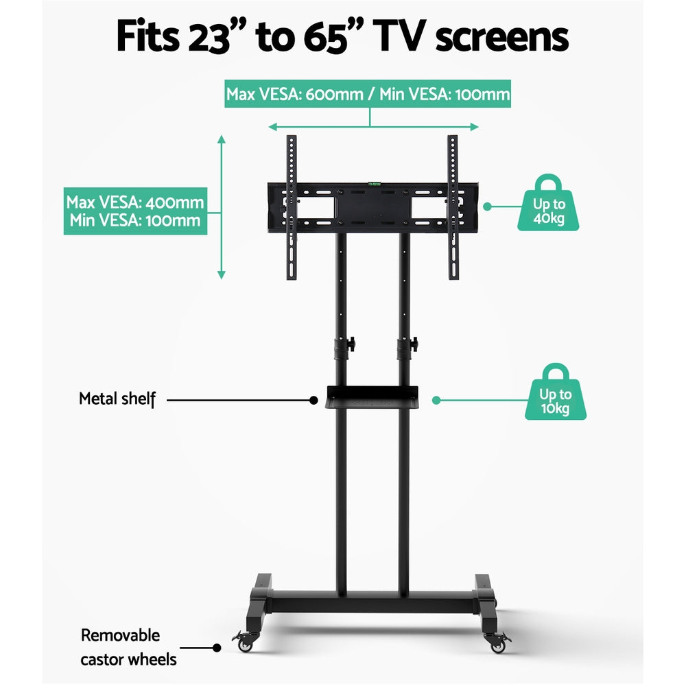 Mobile TV Stand Office Cart Steel Frame Up to 65" Screen