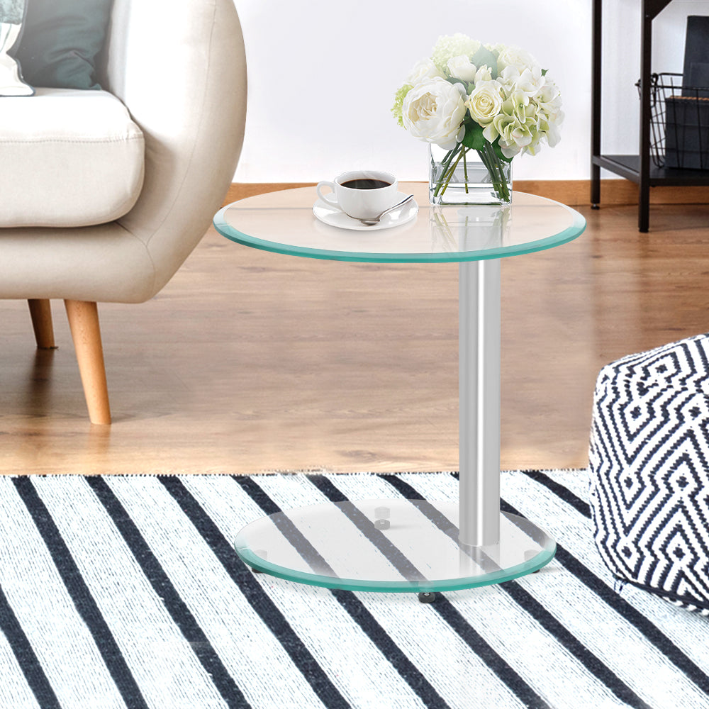 2 Tier Side Coffee Table with Tempered Glass Top Homecoze