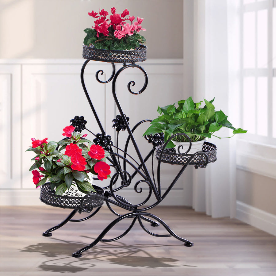3 Tier Floral Design Metal Plant Stand Shelf Garden Planter – Black Homecoze