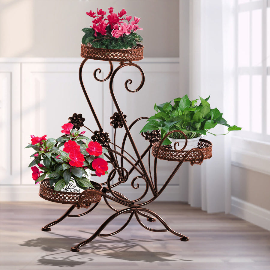 3 Tier Floral Design Metal Plant Stand Shelf Garden Planter – Bronze Homecoze
