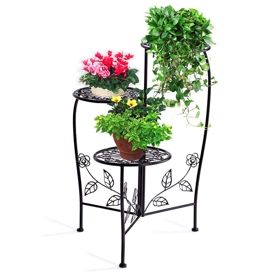 3 Tier Floral Leaf Design Metal Plant Stand Shelf Garden Planter – Black Homecoze