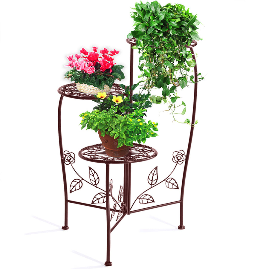 3 Tier Floral Leaf Design Metal Plant Stand Shelf Garden Planter – Bronze Homecoze