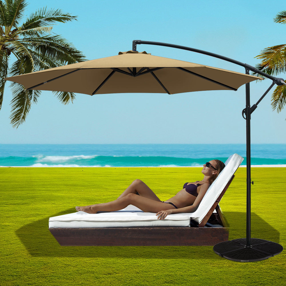 3m Cantilever Outdoor Umbrella with 48cm Round Base - Beige - Homecoze