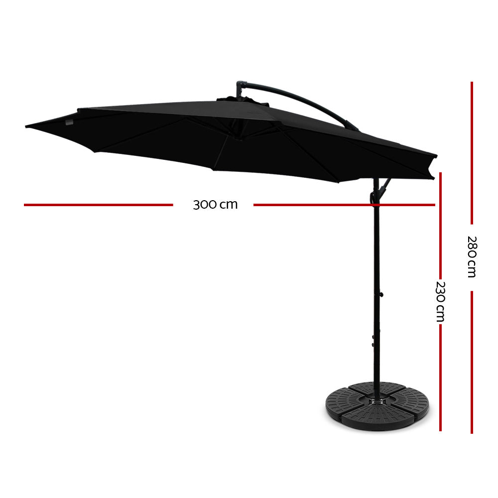 3m Cantilever Outdoor Umbrella with 48cm Round Base - Black - Homecoze