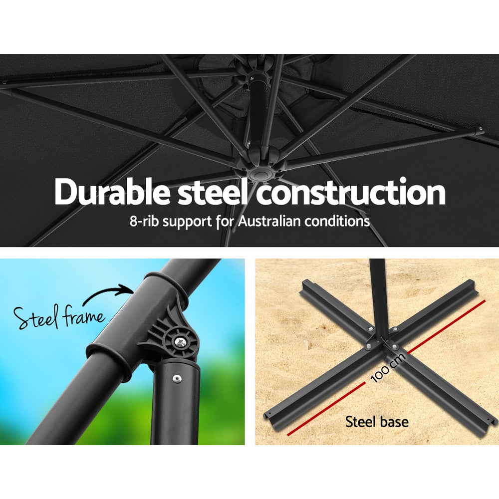 3m Cantilever Outdoor Umbrella with 48cm Round Base - Black - Homecoze