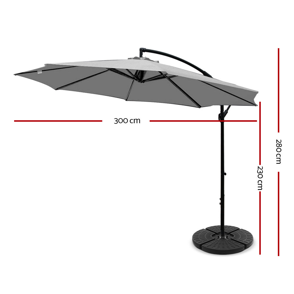 3m Cantilever Outdoor Umbrella with 48cm Round Base - Grey - Homecoze