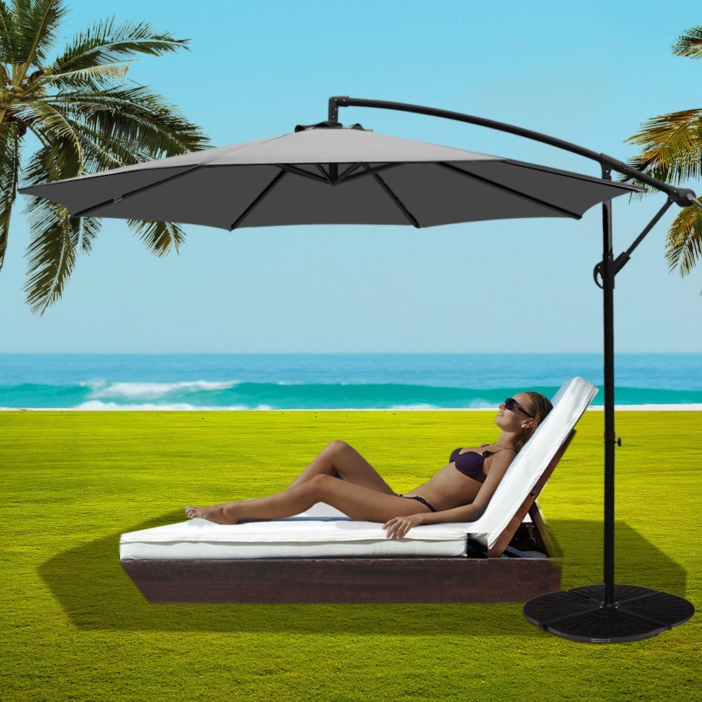 3m Cantilever Outdoor Umbrella with 48cm Round Base - Grey - Homecoze
