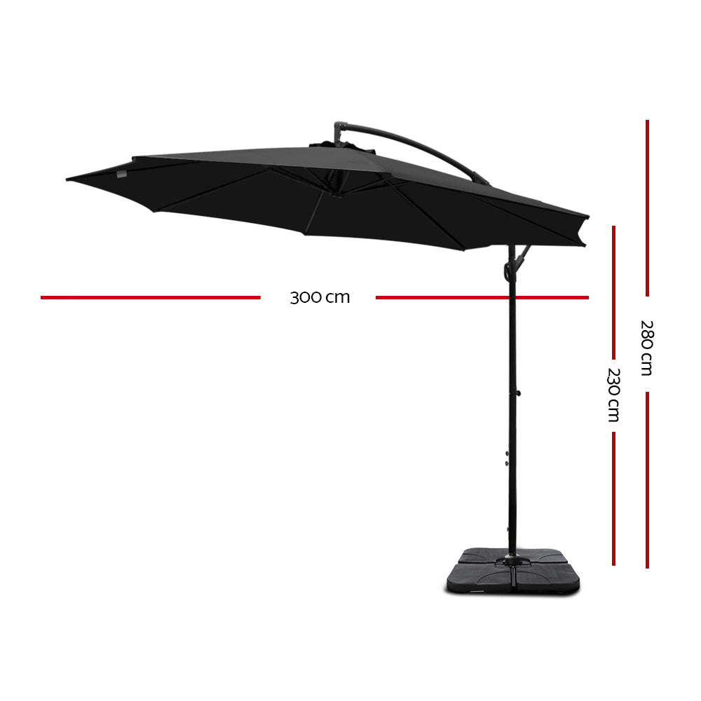 3m Cantilever Outdoor Umbrella with 50x50cm Base - Black - Homecoze