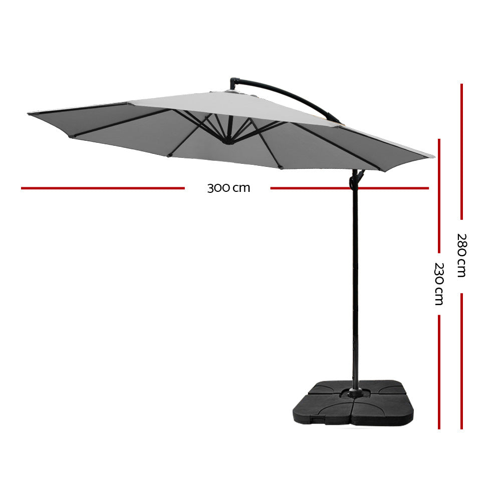 3m Cantilever Outdoor Umbrella with 50x50cm Base - Grey - Homecoze