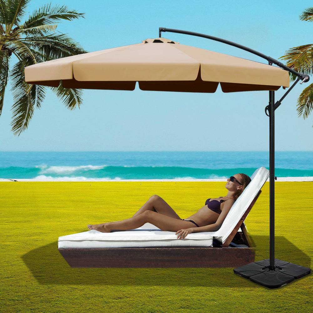 3m Cantilever Outdoor Drape Umbrella with 50x50cm Base - Beige - Homecoze