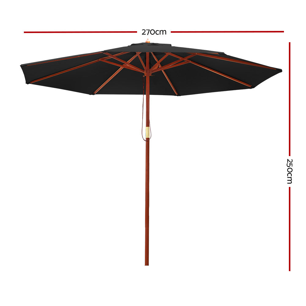 2.7m Outdoor Pole Umbrella Solid Wooden Frame Sunshade - Black Homecoze