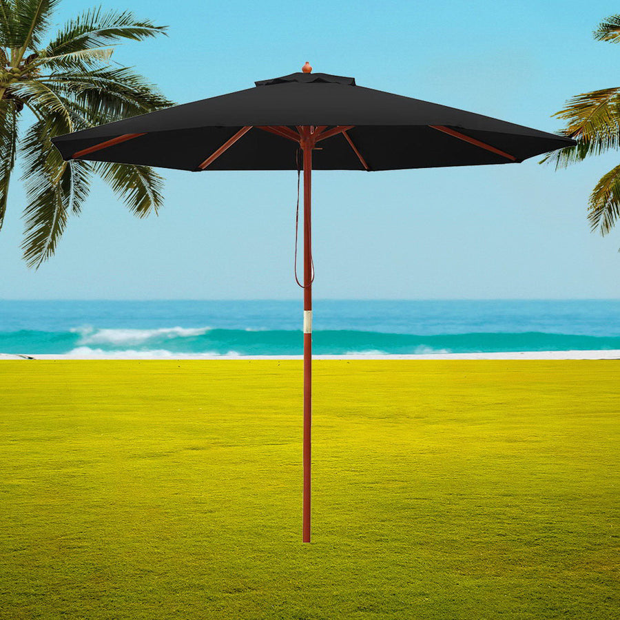 2.7m Outdoor Pole Umbrella Solid Wooden Frame Sunshade - Black Homecoze