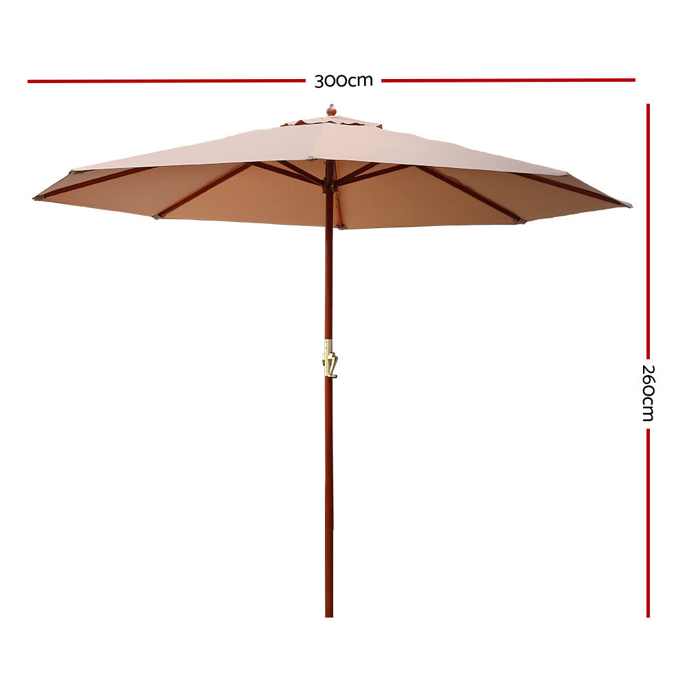 3m Outdoor Pole Umbrella Solid Wooden Frame Sunshade - Beige Homecoze