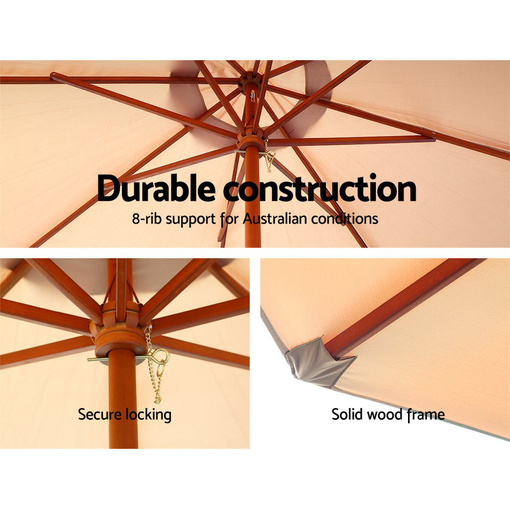 3m Outdoor Pole Umbrella Solid Wooden Frame Sunshade - Beige Homecoze
