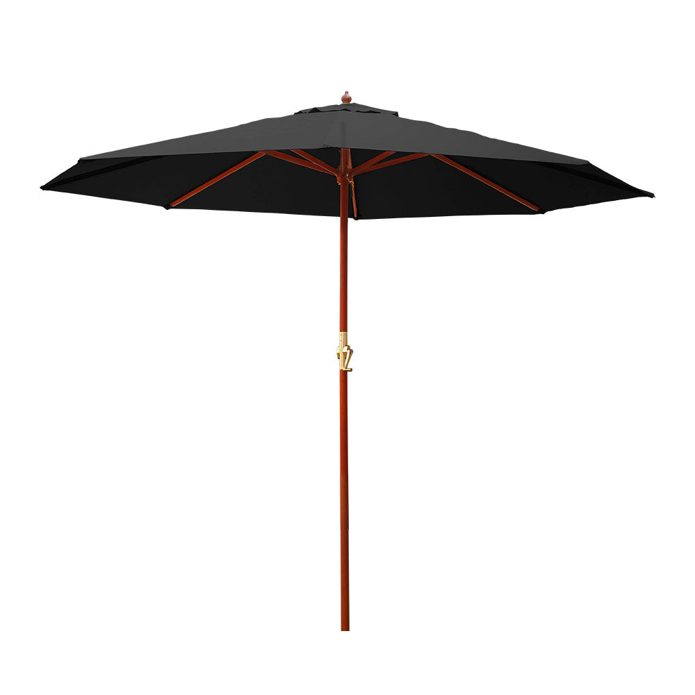 3m Outdoor Pole Umbrella Solid Wooden Frame Sunshade - Black Homecoze