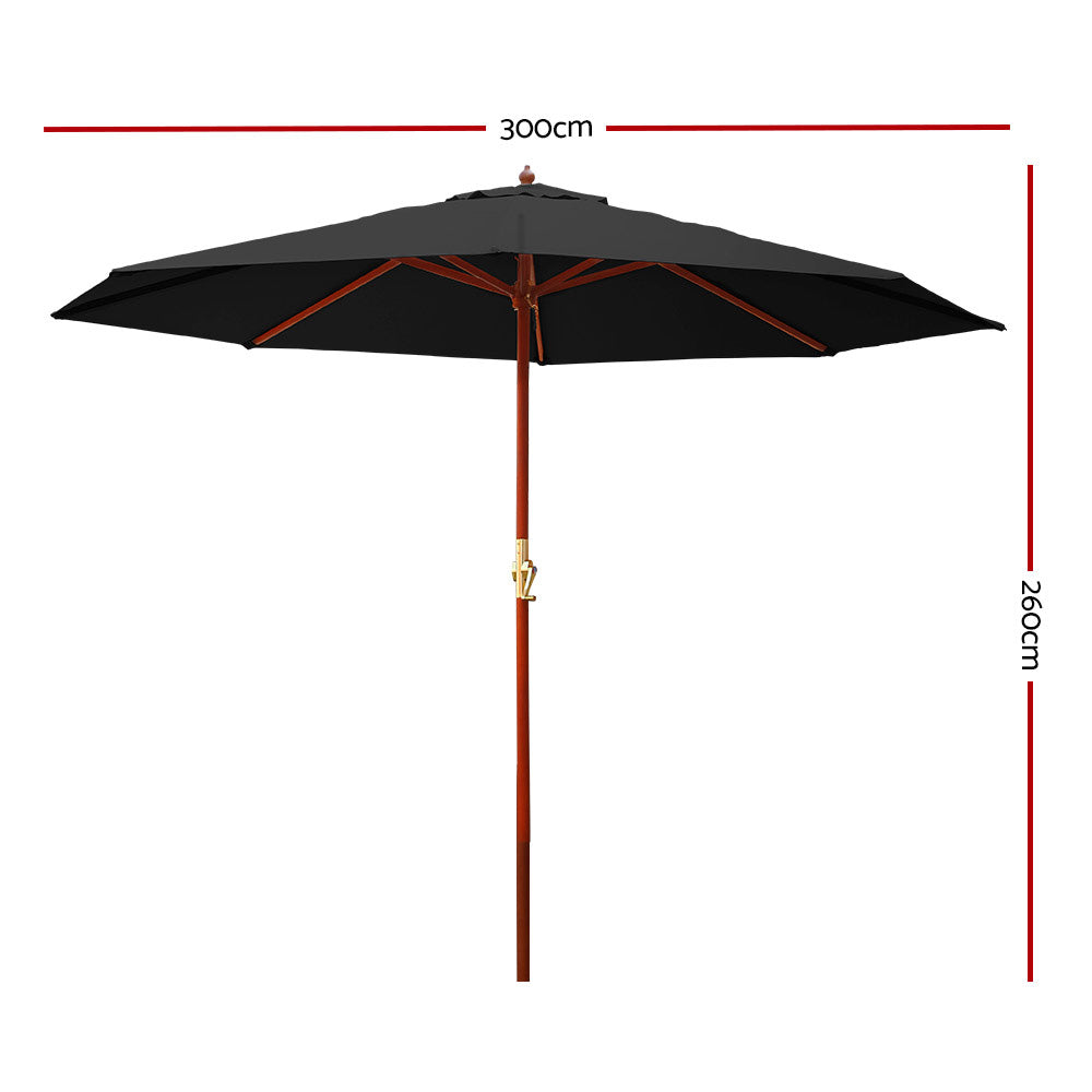 3m Outdoor Pole Umbrella Solid Wooden Frame Sunshade - Black Homecoze