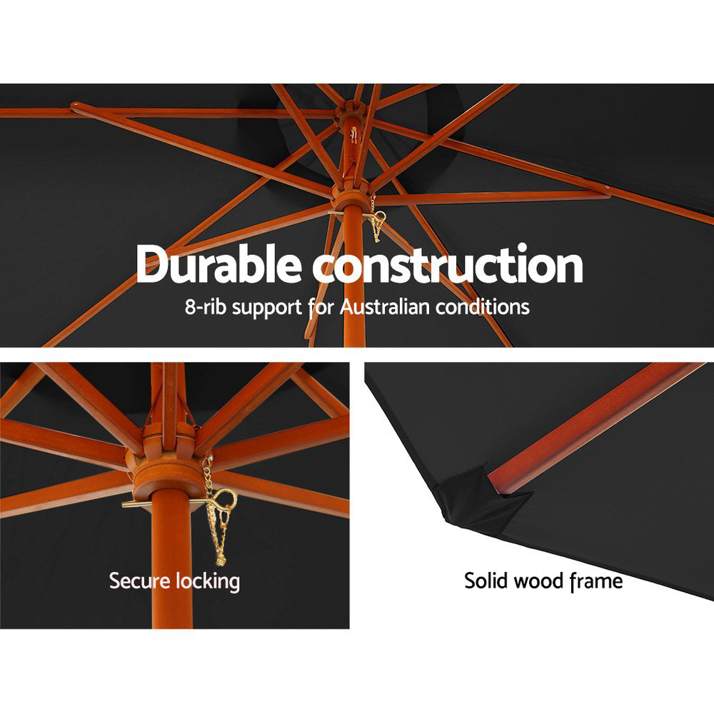 3m Outdoor Pole Umbrella Solid Wooden Frame Sunshade - Black Homecoze