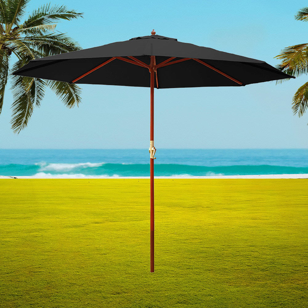 3m Outdoor Pole Umbrella Solid Wooden Frame Sunshade - Black Homecoze