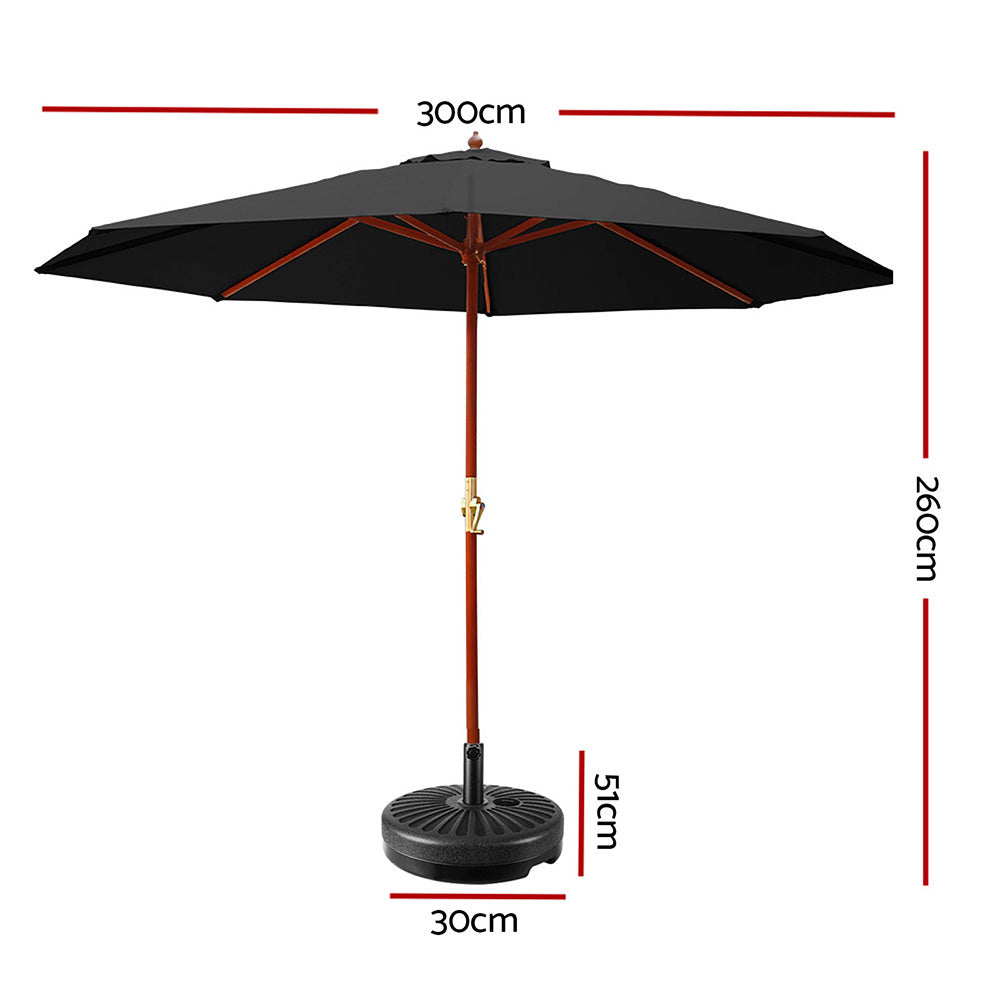 3m Outdoor Pole Umbrella with 51cm Round Base Plates - Black Homecoze