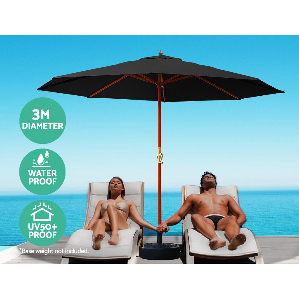 3m Outdoor Pole Umbrella with 51cm Round Base Plates - Black Homecoze