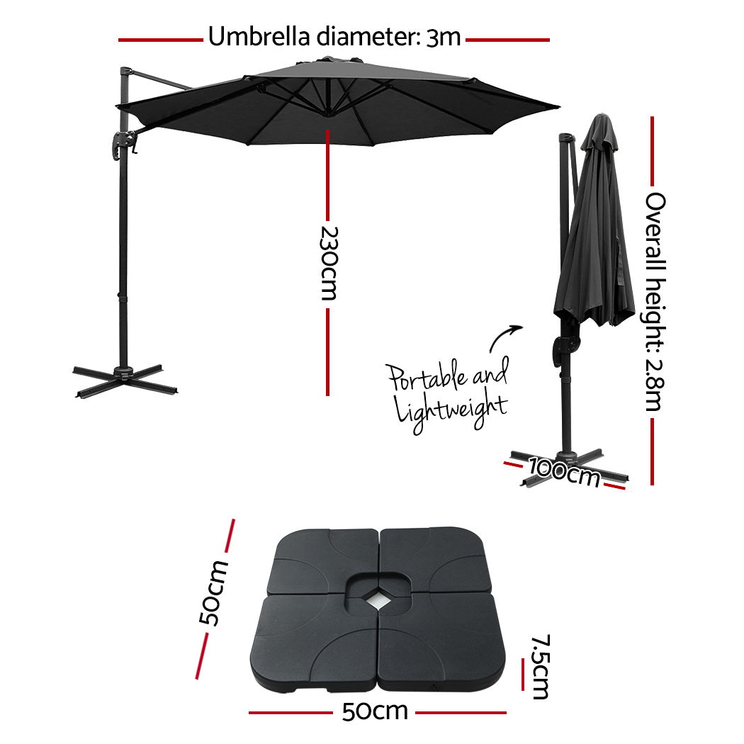 3m Cantilever Outdoor Umbrella 360 Degree Rotatable with Base - Black Homecoze