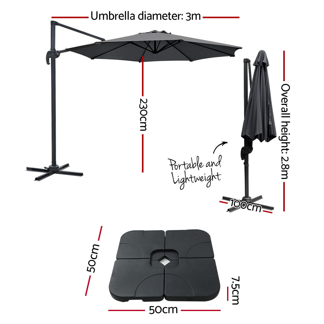 3m Cantilever Outdoor Umbrella 360 Degree Rotatable with Base - Charcoal Homecoze