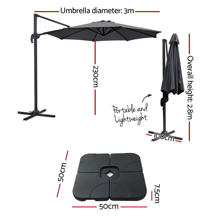 3m Cantilever Outdoor Umbrella 360 Degree Rotatable with Base - Charcoal Homecoze