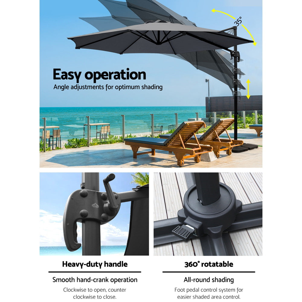 3m Cantilever Outdoor Umbrella 360 Degree Rotatable with Base - Charcoal Homecoze