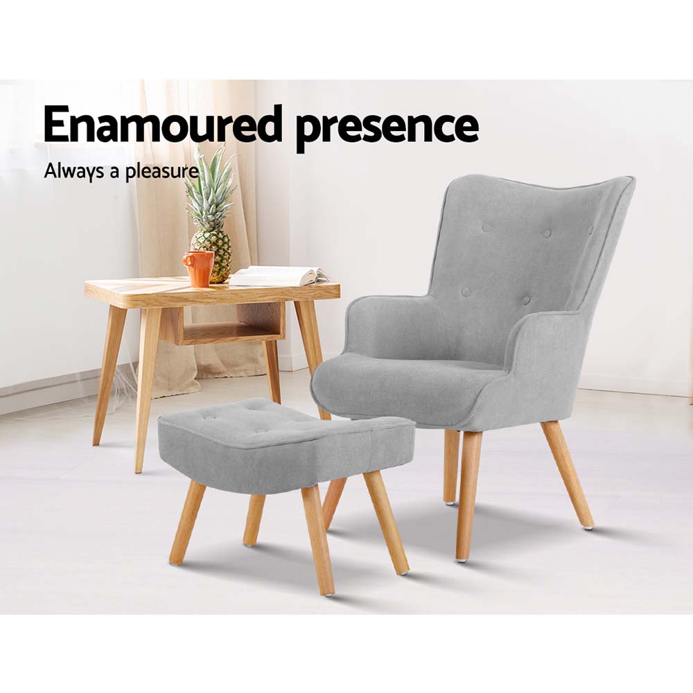 Fabric Feature Armchair with Ottoman - Light Grey - Homecoze