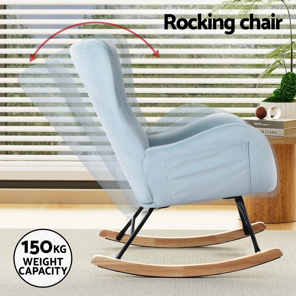 Low Set Rocking Chair Velvet Armchair Feeding Chair - Blue - Homecoze