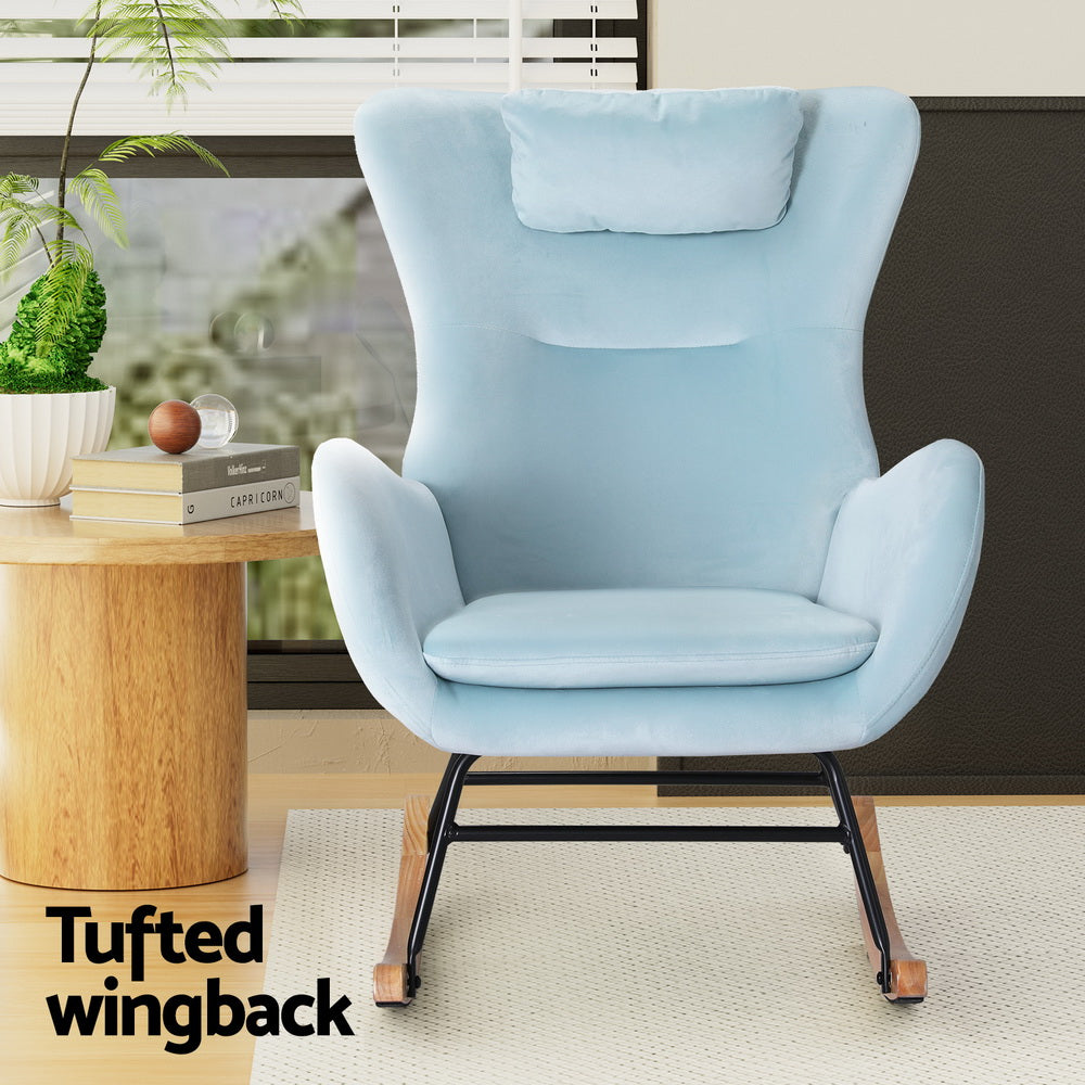 Low Set Rocking Chair Velvet Armchair Feeding Chair - Blue - Homecoze
