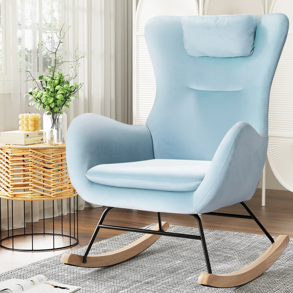 Low Set Rocking Chair Velvet Armchair Feeding Chair - Blue - Homecoze