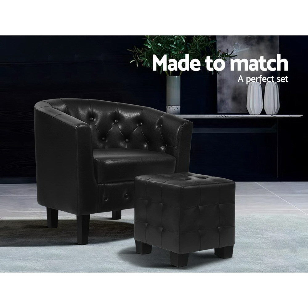 Mini Chesterfield Style Armchair Tub Lounge with Ottoman Accent Chair PU Leather Black Homecoze