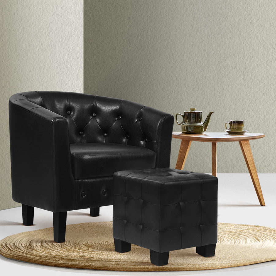Mini Chesterfield Style Armchair Tub Lounge with Ottoman Accent Chair PU Leather Black Homecoze