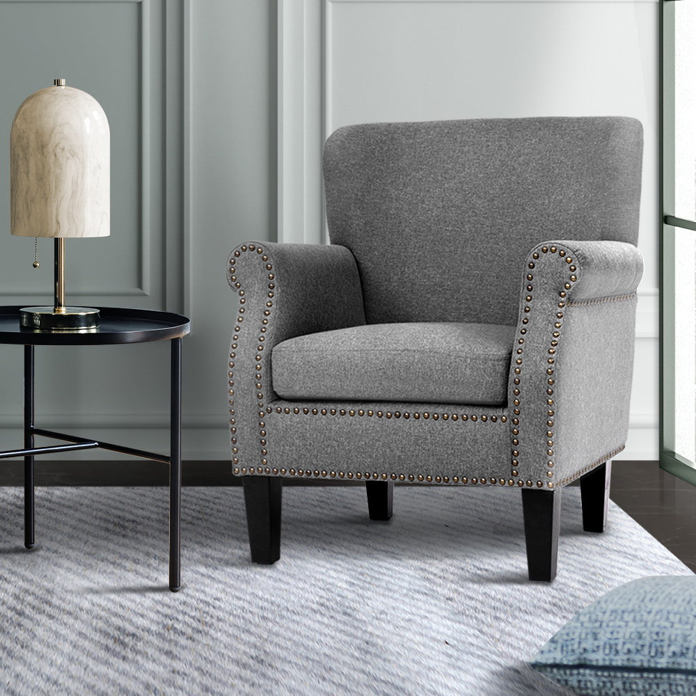 Linen Fabric Retro Studded Accent Chair - Grey Homecoze