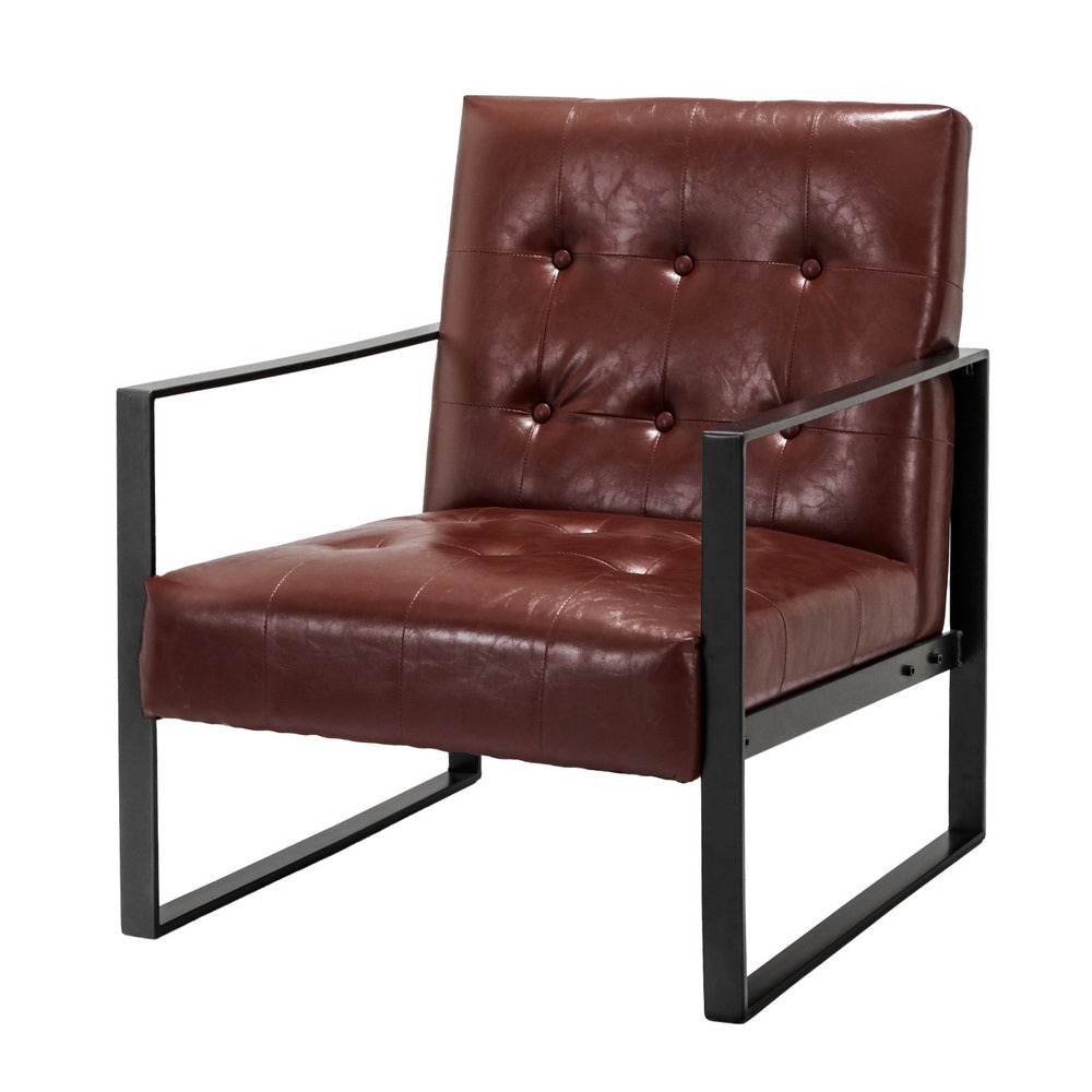 Low Set Accent Chair PU Leather Industrial Feature Armchair - Brown