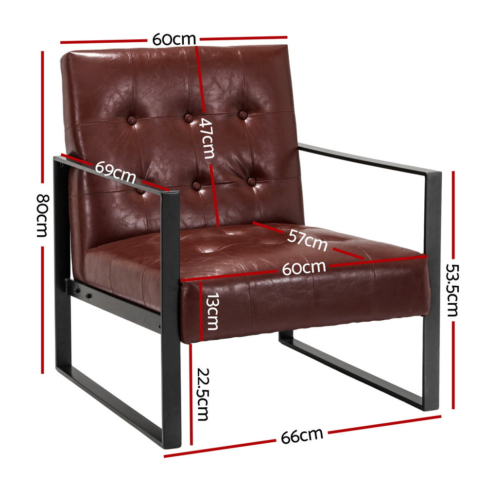 Low Set Accent Chair PU Leather Industrial Feature Armchair - Brown - Homecoze