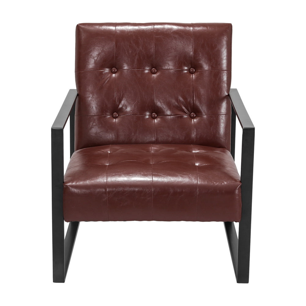 Low Set Accent Chair PU Leather Industrial Feature Armchair - Brown - Homecoze