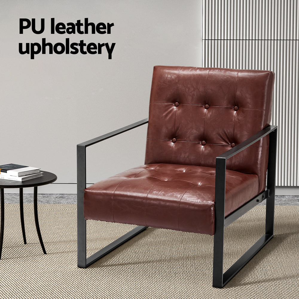 Low Set Accent Chair PU Leather Industrial Feature Armchair - Brown - Homecoze