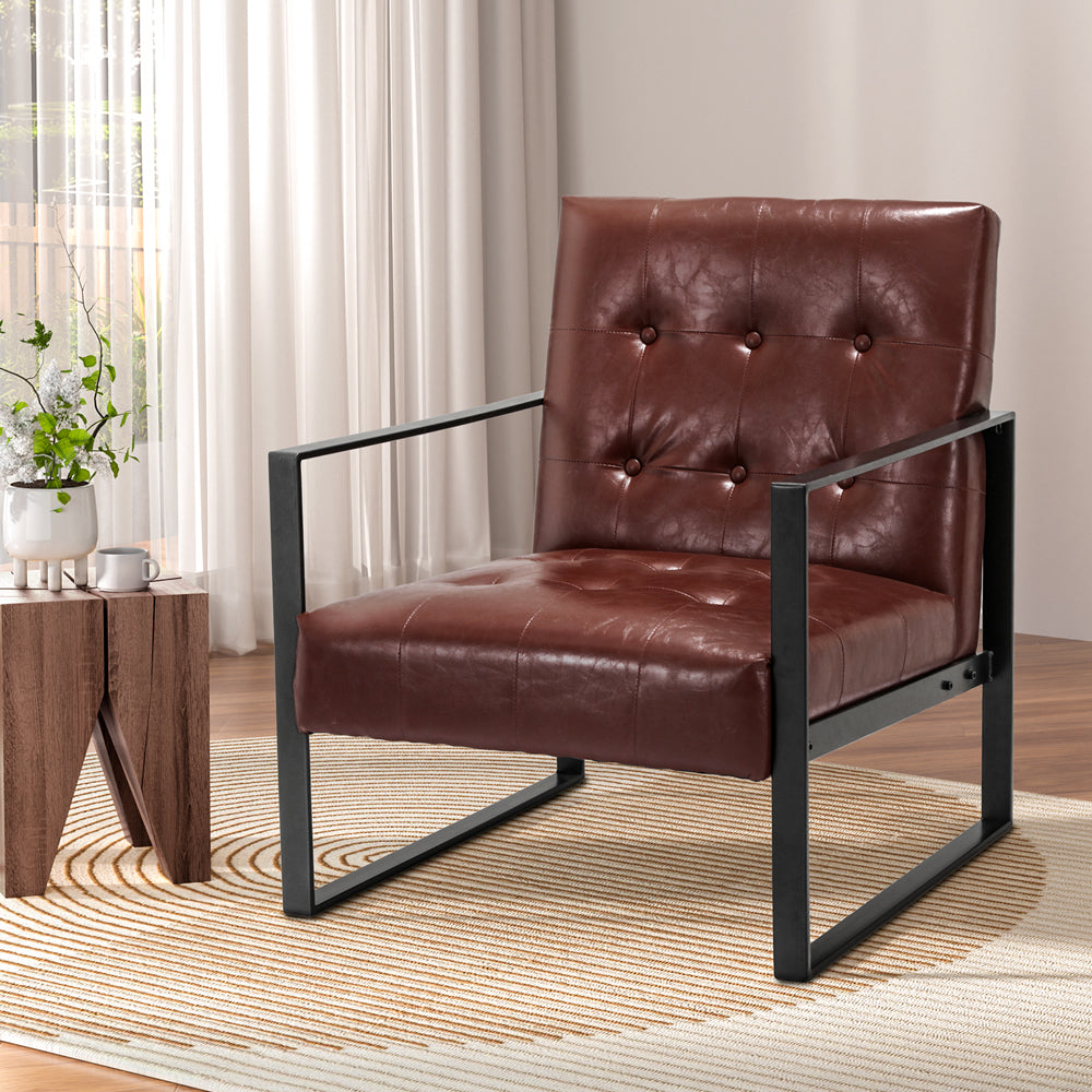 Low Set Accent Chair PU Leather Industrial Feature Armchair - Brown - Homecoze