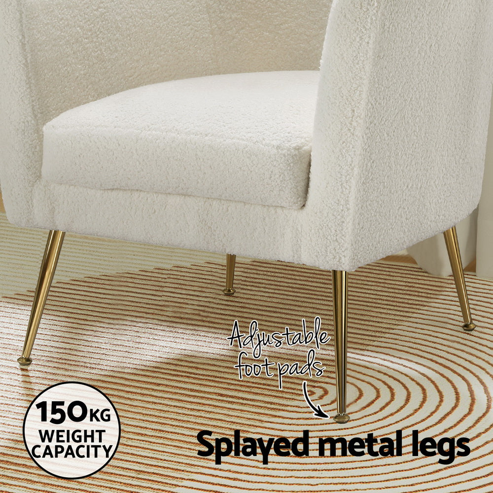 Boucle Accent Chair Modern Scandinavian Style Armchair - White & Gold - Homecoze